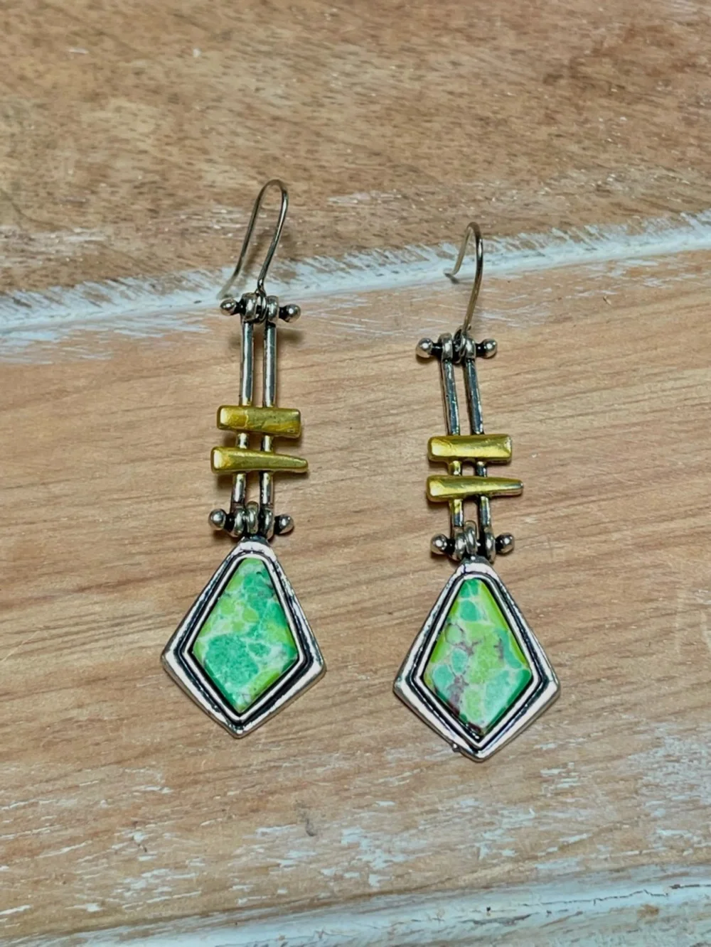 Green Stone Drop Earrings - Mixed Metal Dangle